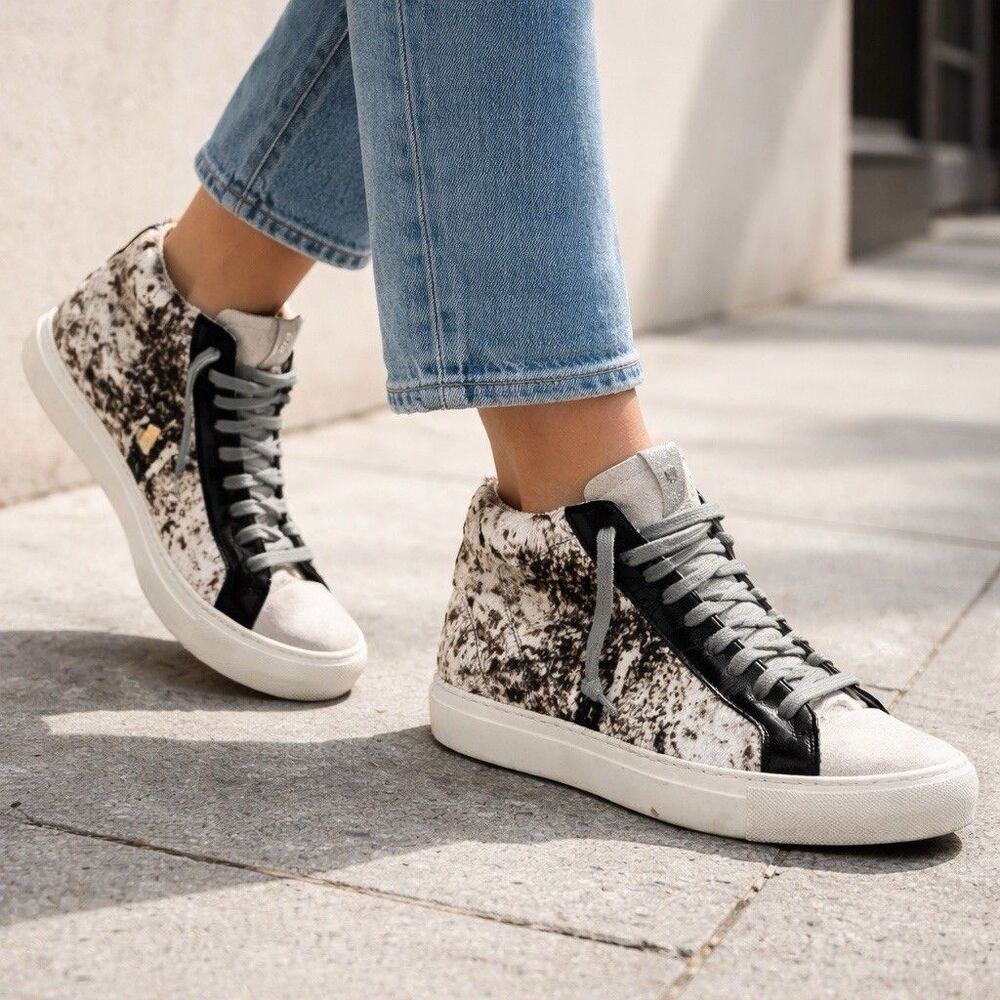 P448 Pony Hair High Tops Womens 8 Cowhide Zip Sneakers Streetwear Luxe‎ Casual